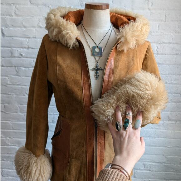 70s Vintage Orange Suede Penny Lane Jacket Groovy Shearling Leather Afghan Coat - Picture 6 of 11